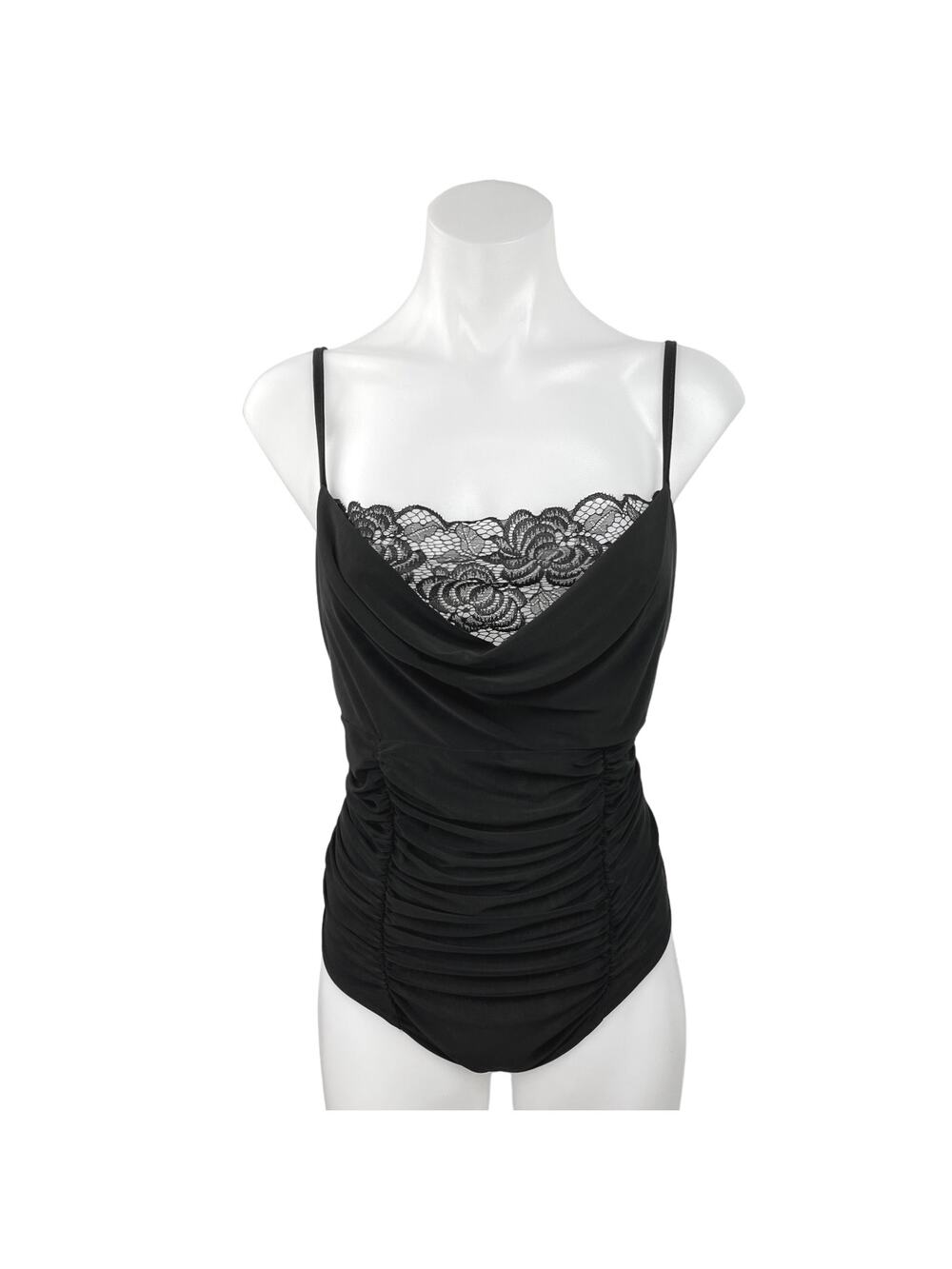 Boohoo Black Spaghetti Strap Cowl Neck Lace Cami Camisole Bodysuit Top Size 16